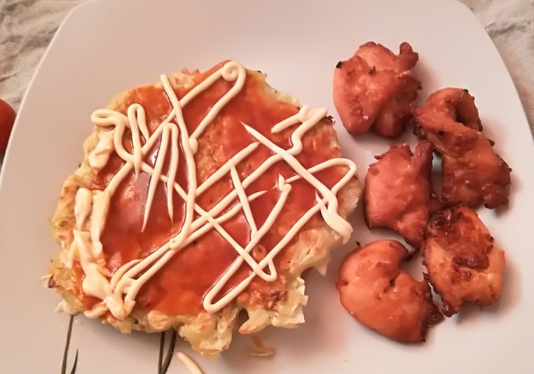 okonomiyaki and karaage